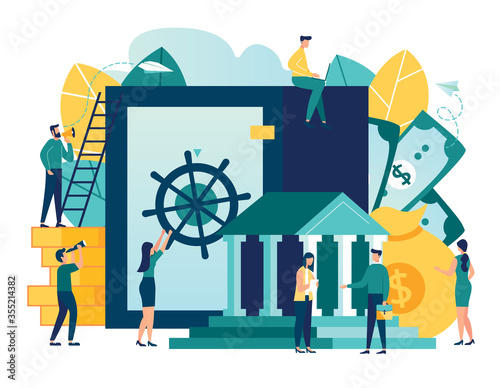Vector flat illustration, closed bank safe, dollars in a deposit box and a cash bag, safe savings, a money deposit, bank employees, investing money on an account