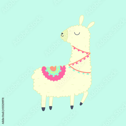 Cute Llama Illustration. Cute alpaca cartoon character. Can be used for card design, greeting or invitation card, nursery, and other.