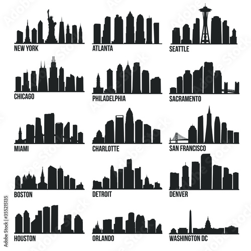 Most Famous USA Cities Skyline City Silhouette Design Collection Set