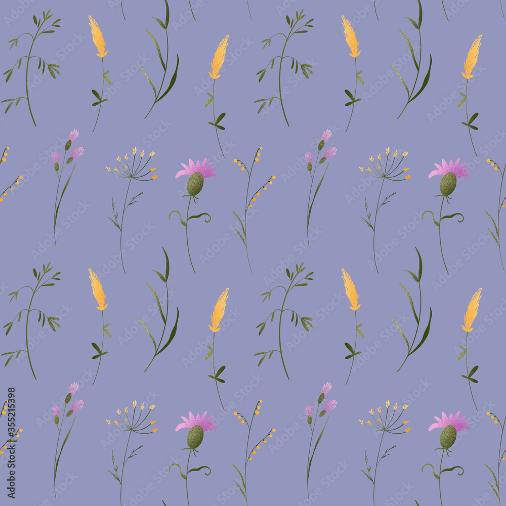 Green twigs of grass summer plant, flower. Textural digital art square seamless pattern on a violet background. Print for fabric, clothes, postcard, wedding, invitation, wrapping paper, packaging.