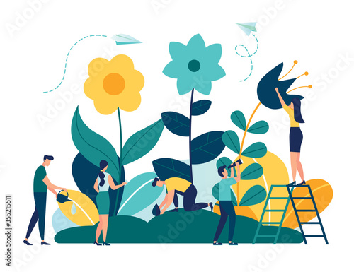 Vector illustration of spring flowers on white background, gardeners look after the garden, growing and studying plants in nature, clean ecology
