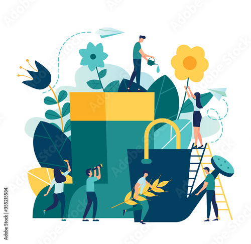 Vector illustration of boots, watering can and flowers on white background, gardeners taking care of the garden, growing and studying plants in nature, clean ecology, garden tools.