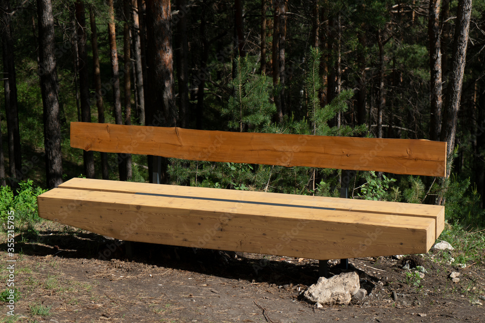 Fototapeta premium Massive wooden bench in the forest on a designated area for relaxation. Bench on trees.