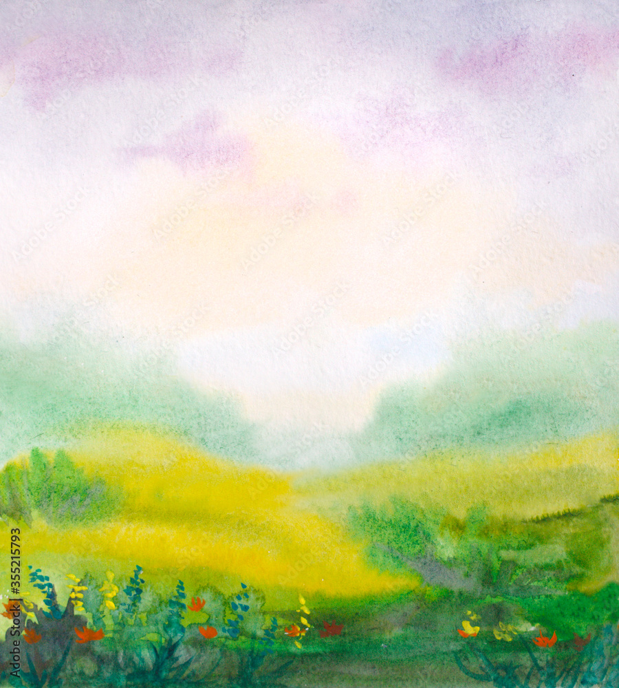 watercolor meadow landscape with abstract grass field and sky