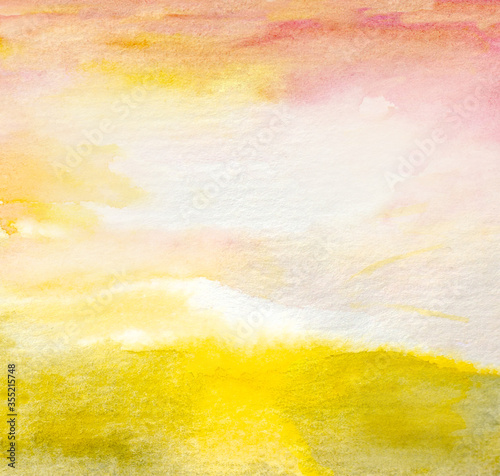 watercolor abstract yellow green field background with sunrise sky and clouds