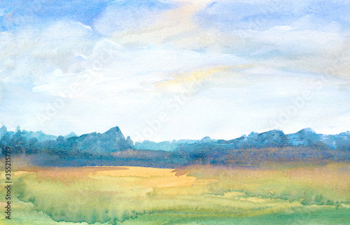 watercolor green field landscape background with abstract trees and blue sky