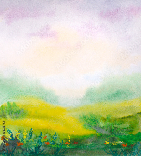 watercolor meadow landscape with abstract grass field and sky © Ghen