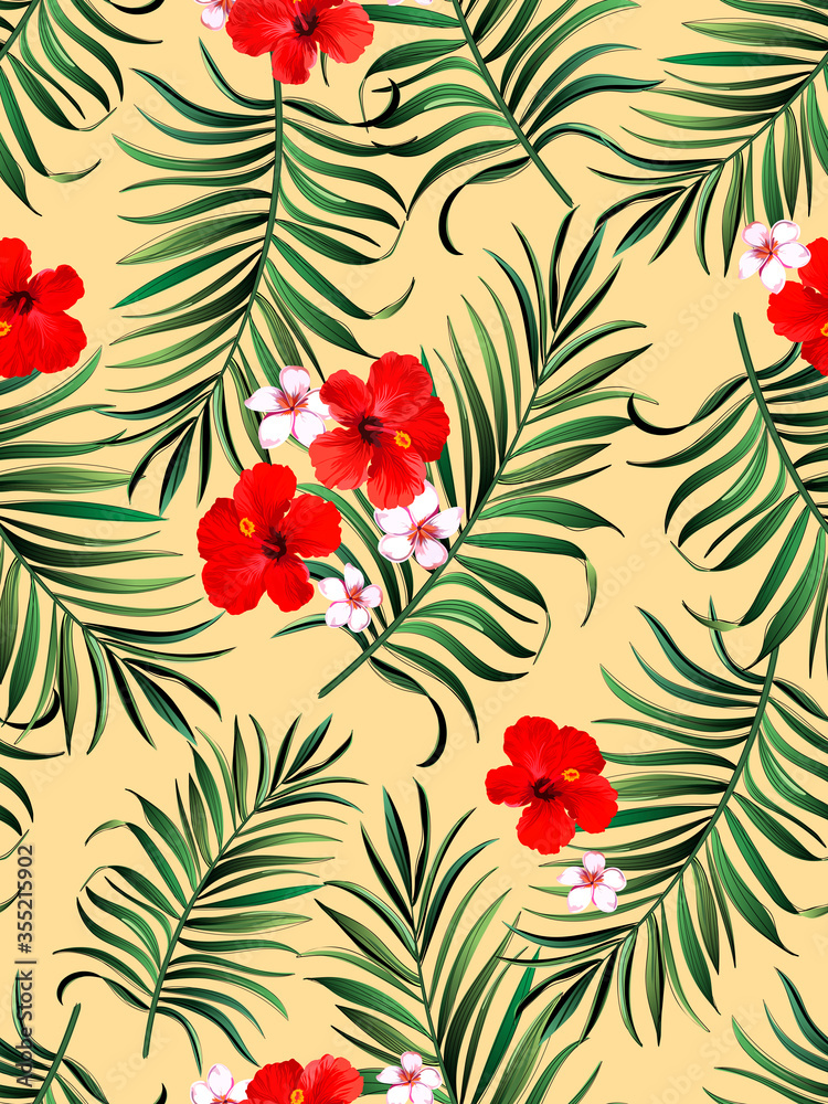 Tropical Seamless hand drawn exotic vector pattern with green palm leaves and hibiscus flower. Summer print for textile design. Tropical Seamless hand drawn exotic vector pattern with green palm leaves and hibiscus flower. Summer print for textile design.