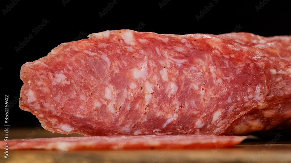 sliced sausage chorizo closeup. macro shot sliced sausage chorizo closeup. macro shot