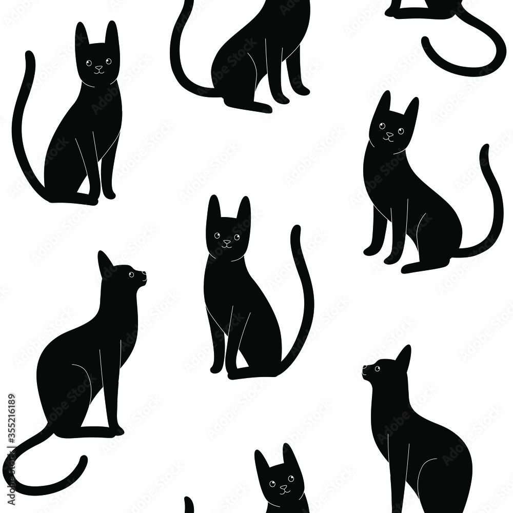 Seamless trendy pattern with black cat. Flat vector illustration. 