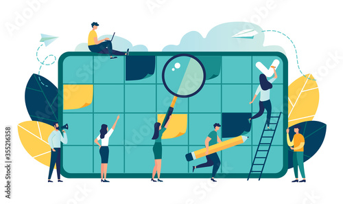 Vector illustration, whiteboard with schedule plans, work planning, daily routine, people filling out the schedule in the table