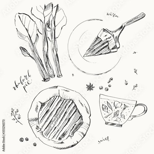 Tea and dessert ink illustration. Rhubarb leaves, tea cup, pie,spices, serving dessert.