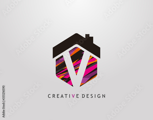 V Letter Logo. Creative hexagon house strip shape with negative space of letter V, Home Studio Icon Design.