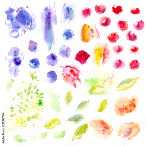Vector watercolor stains and shapes set in blue, red, green, orange and pink color