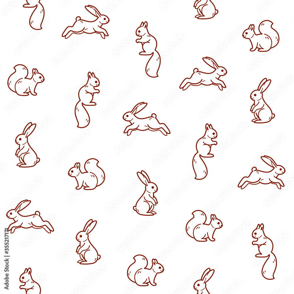 Simple seamless trendy animal pattern with hare and squirrel.  Outline vector illustration.