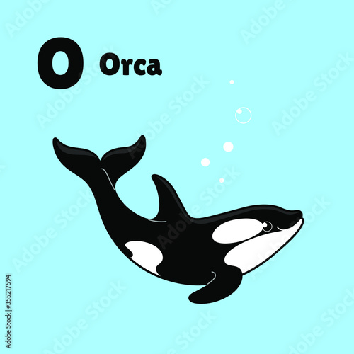 Cartoon orca, cute character for children. Vector illustration in cartoon style for abc book, poster, postcard. Animal alphabet - letter O.
