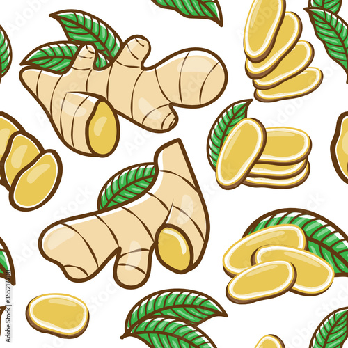 Ginger slice and leaf seamless pattern on white background. Vector illustration.