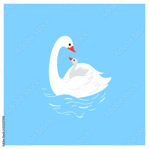 Swan and her duckling. Mother and her child. Decorative greeting card.