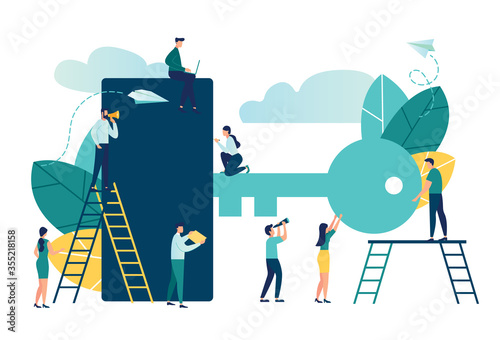 Vector flat illustration, people open the door with a key, lock, making keys urgently