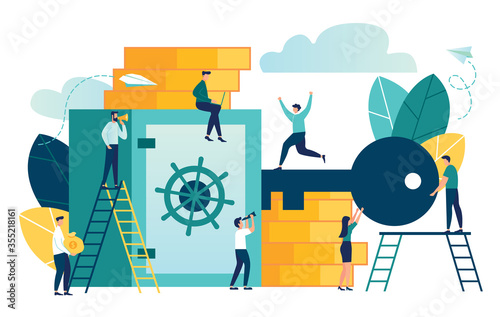 Vector flat illustration, closed bank safe open with a key, dollars in a deposit box and bag, safe deposit, cash deposit, bank employees, investing money in an account