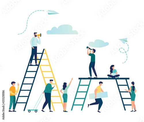 Vector flat illustration, workflow, ladder as the concept of achieving the goal, business development, construction site