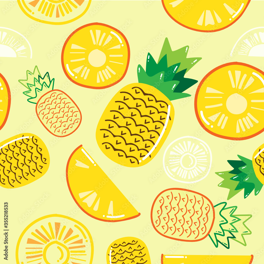 Hand drawn pineapple seamless pattern isolated on yellow pastel background. Vector illustation.