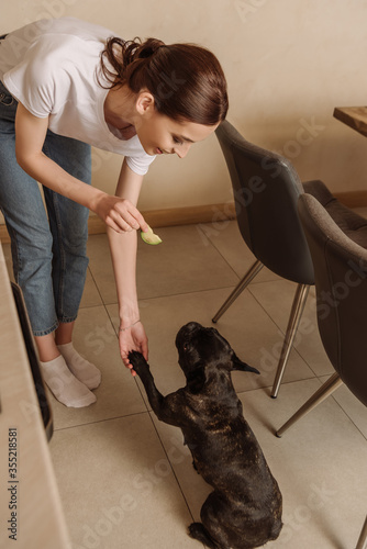 cheerful woman holding sliced avocado and touching paw of cute french bulldog in kitchen
