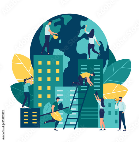 Vector flat illustration, little people are preparing for the holiday, saving the planet, World Environment Day, Bio technology, a city in the background of the planet