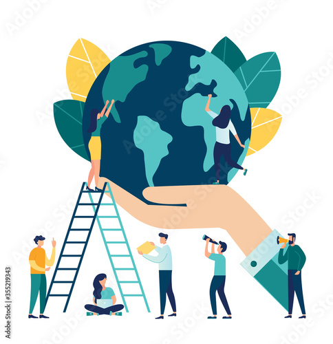 Vector flat illustration, small people prepare for the day of the environment, save the planet, save energy, the concept of the Earth day