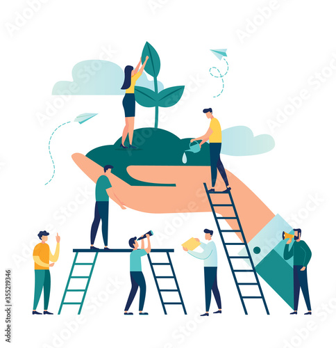 Vector flat illustration, small people prepare for the holiday, save the planet from pollution, World Environment Day, Bio technology, in the big hand the earth with plant
