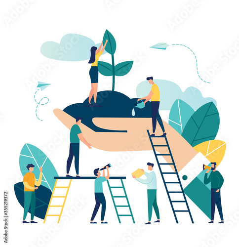 Vector flat illustration, small people prepare for the holiday, save the planet from pollution, World Environment Day, Bio technology, in the big hand the earth with a plant