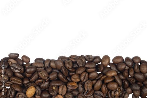 Roasted Coffee Beans background texture isolated on white background with copy space for text, macro