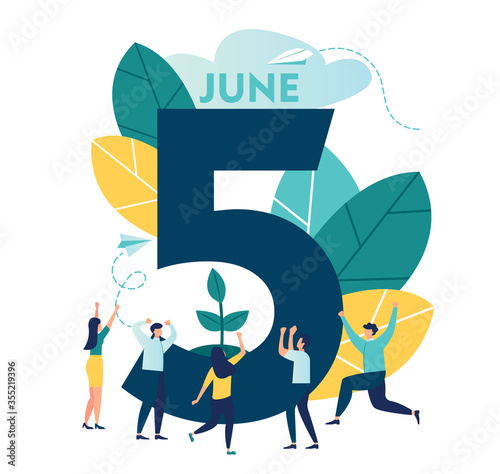 Vector flat illustration, little people are preparing for the holiday, saving the planet, World Environment Day, Bio technology, a city in the background of the planet 