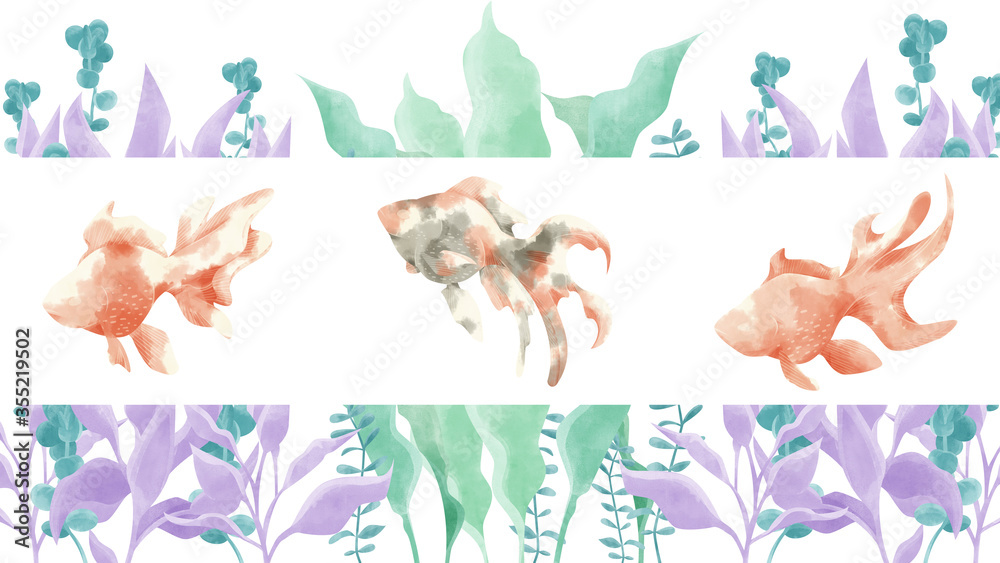 金魚3匹と水草の水彩手書きイラスト Illustration Stock Adobe Stock