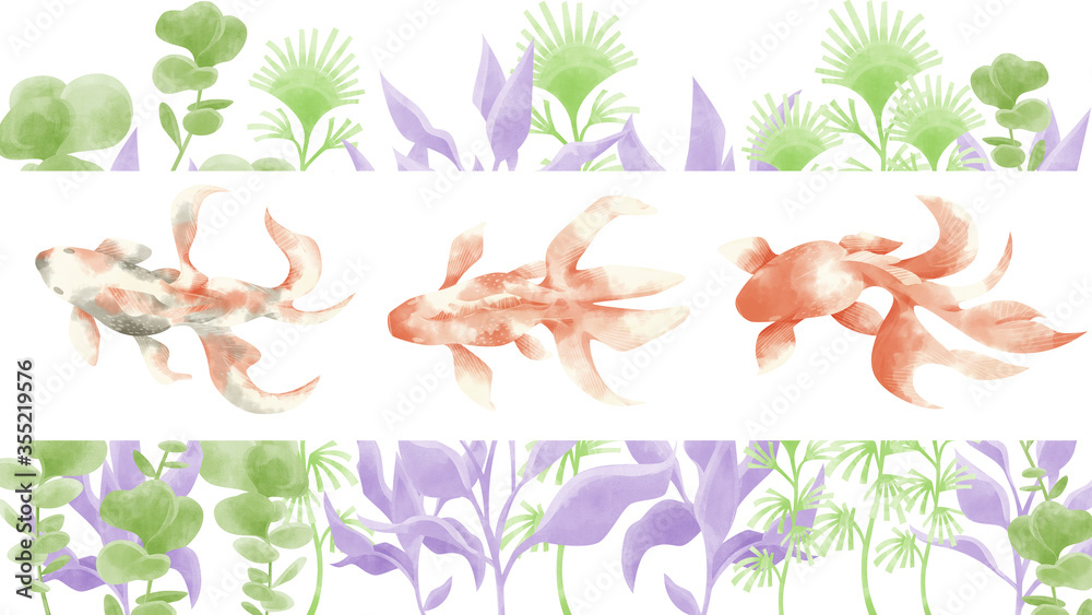 Obraz premium 金魚3匹と水草の水彩手書きイラスト