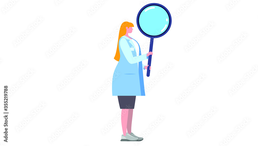 Research Concept. Woman Doctor Character in Medical Robe holds Huge Magnifying Glass. Health Care Checkup, Professional Vector Illustration Research Concept. Woman Doctor Character in Medical Robe holds Huge Magnifying Glass. Health Care Checkup, Professional Vector Illustration