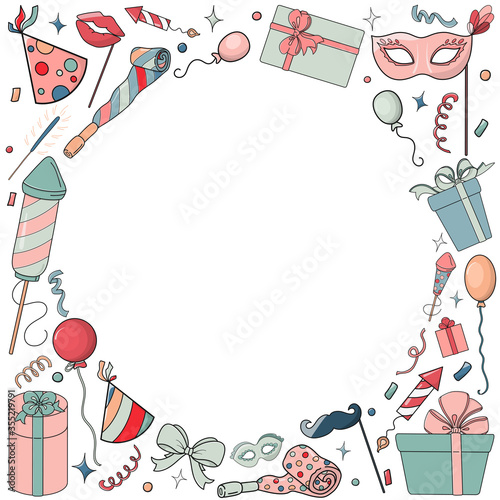 Banner, invitation or holiday poster with vector hand drawn party or celebration event elements with text space.