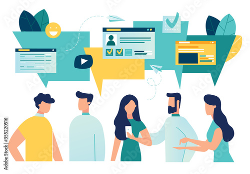 Vector illustration, flat style, businessmen discuss social network, news, social networks, chat, dialogue speech bubbles