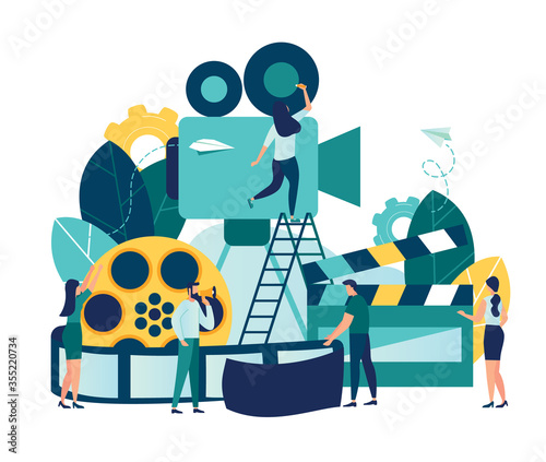 Vector illustration on white background, online cinema, concept of cinematography, little people shoot video