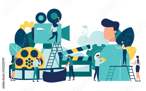Vector illustration on white background, online cinema, concept of cinematography, little people are shooting a video of a big man