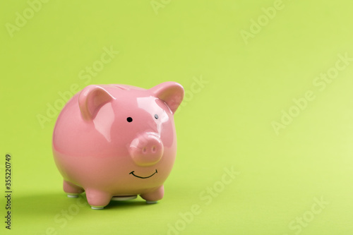 pink piggy bank on a green background.