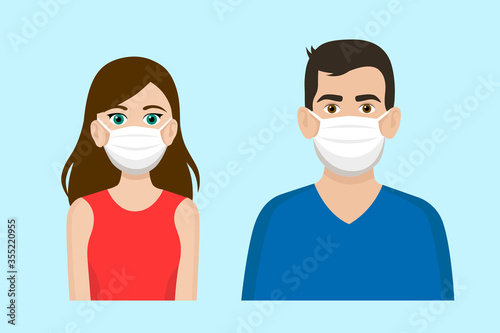 Set of cartoon front view vector of a man and a woman wearing protective face mask - covid-19 safety measures, restriction, covering face to prevent spread of the virus