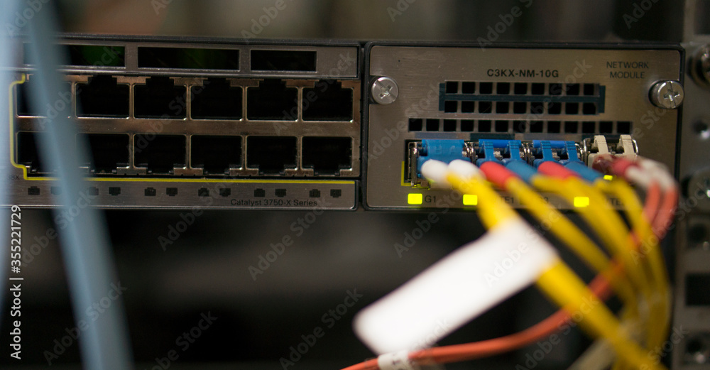 Equipment optical technology, connection. 5G technological network equipment. Computer network of information technologies, telecommunication cables Etnernet. Internet switch in the data center. Equipment optical technology, connection. 5G technological network equipment. Computer network of information technologies, telecommunication cables Etnernet. Internet switch in the data center.