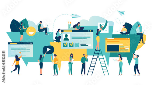 Vector illustration, flat style, businessmen discuss social network, news, social networks, chat, dialogue speech bubbles