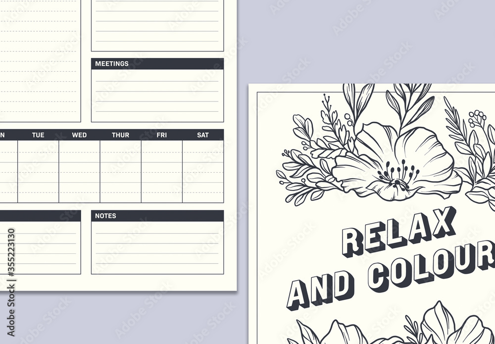 Planner Layout with Coloring Book Page Stock Template | Adobe Stock