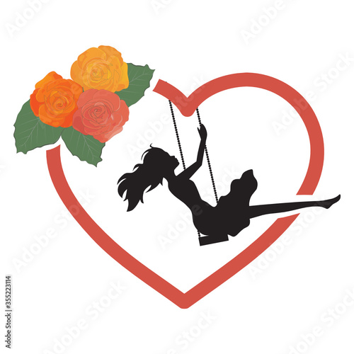 young woman, roses and red heart swing
