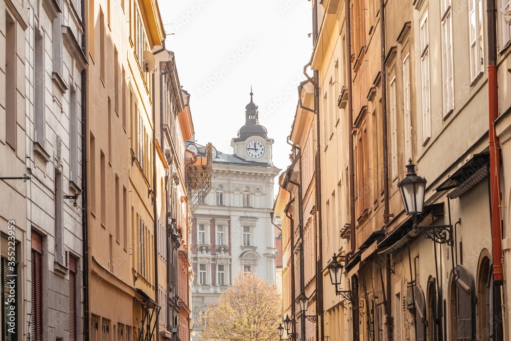 V kotcich, a narrow street with medieval buildings and cobblestones in the old town of Prague, also called Stare mesto. it is a major landmark of the city