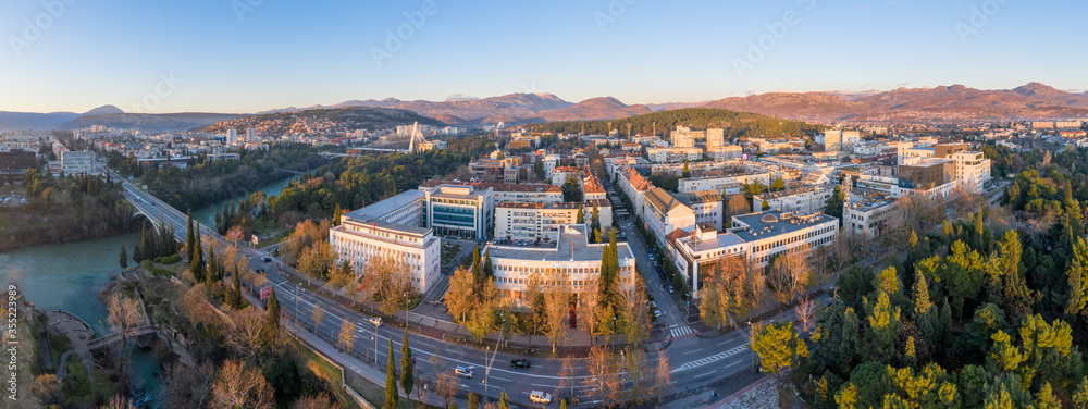 Podgorica Montenegro: President, Parliament, Government and Treasury buildings are all located in this block. In the afternoon, close to sunset, with clear blue sky. Aerial shot. 