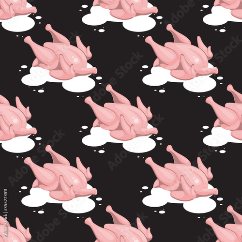 seamless pattern of fresh raw chicken on a black background. Vector image