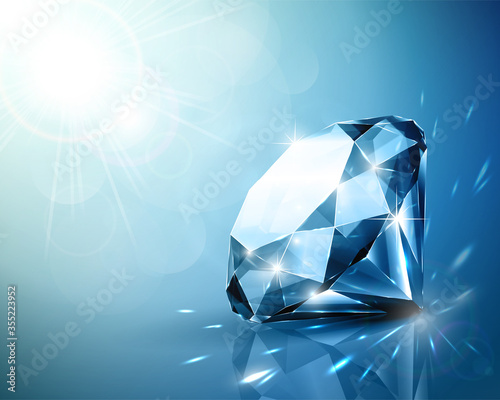 Shimmering diamond vector background. Abstract realistic blue gemstone with light reflections. © LeysanI